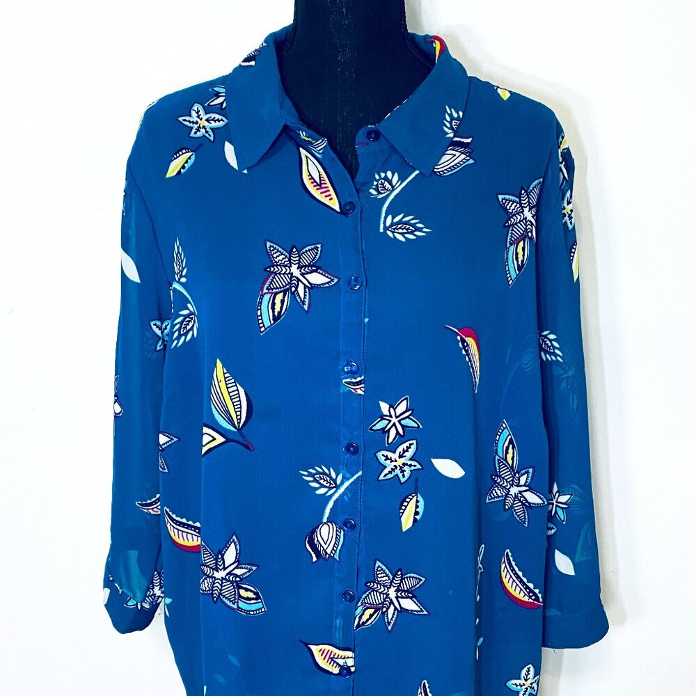 Sear's "Simply Emma" Sz 1X Sheer Blouse Long-Sleeved Button Up Blue/Other Colors